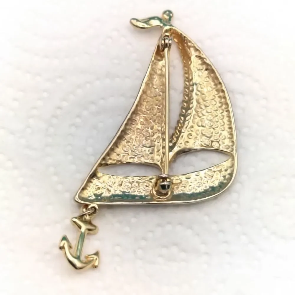 Nautical Sailboat Brooch Pin Gold Tone Enamel Star Anchor